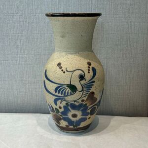 Tonala Pottery Vase Mexico Bird Flowers Folk Art Handmade Sandstone Beige Brown